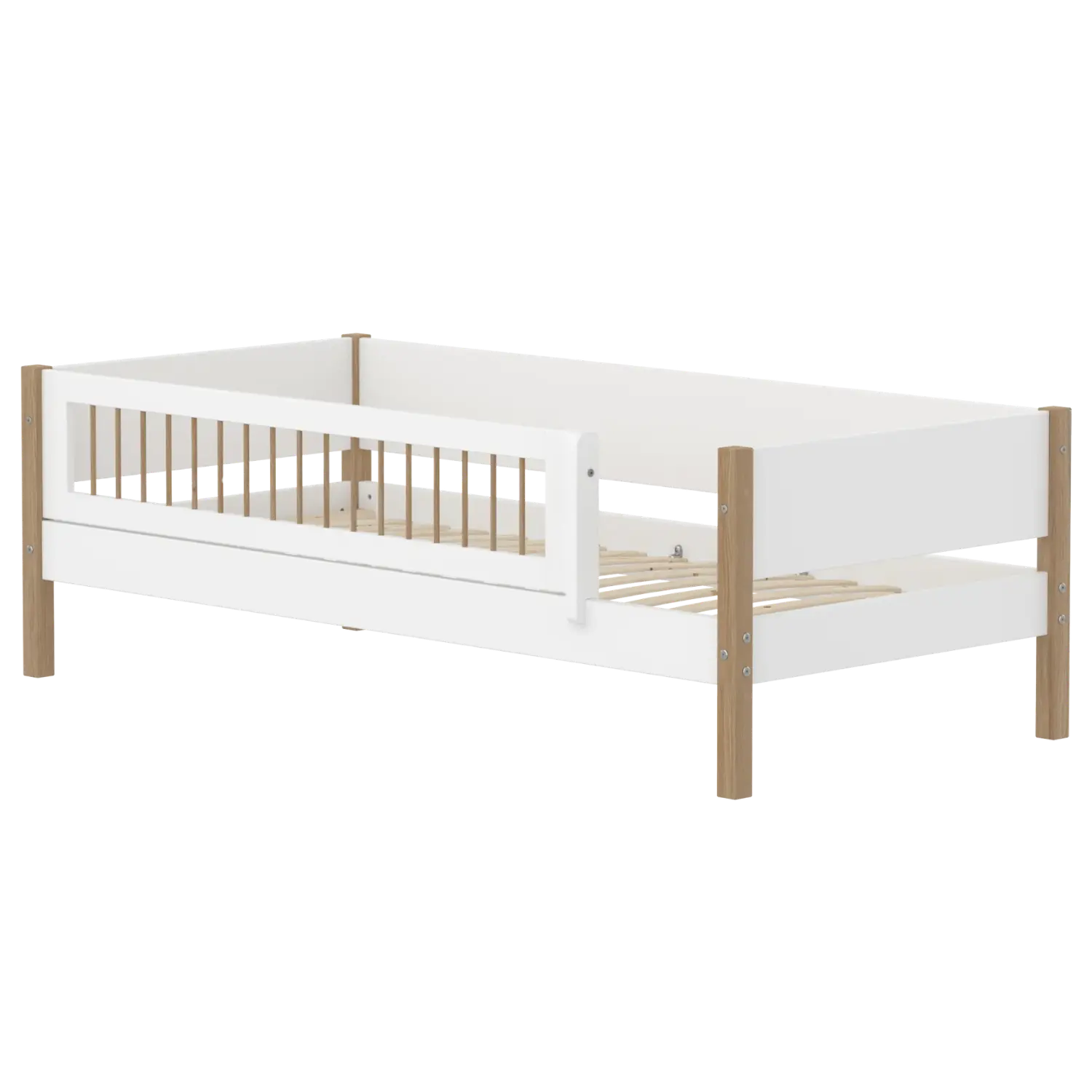 Single Bed with Safety Rail, 90x200 cm, White/Oak FLEXA SINGLE_BED daybed-f-wht-w-front-safety-200x90cm-legs-crossbars-oak   90X200 flexa-com.myshopify.com