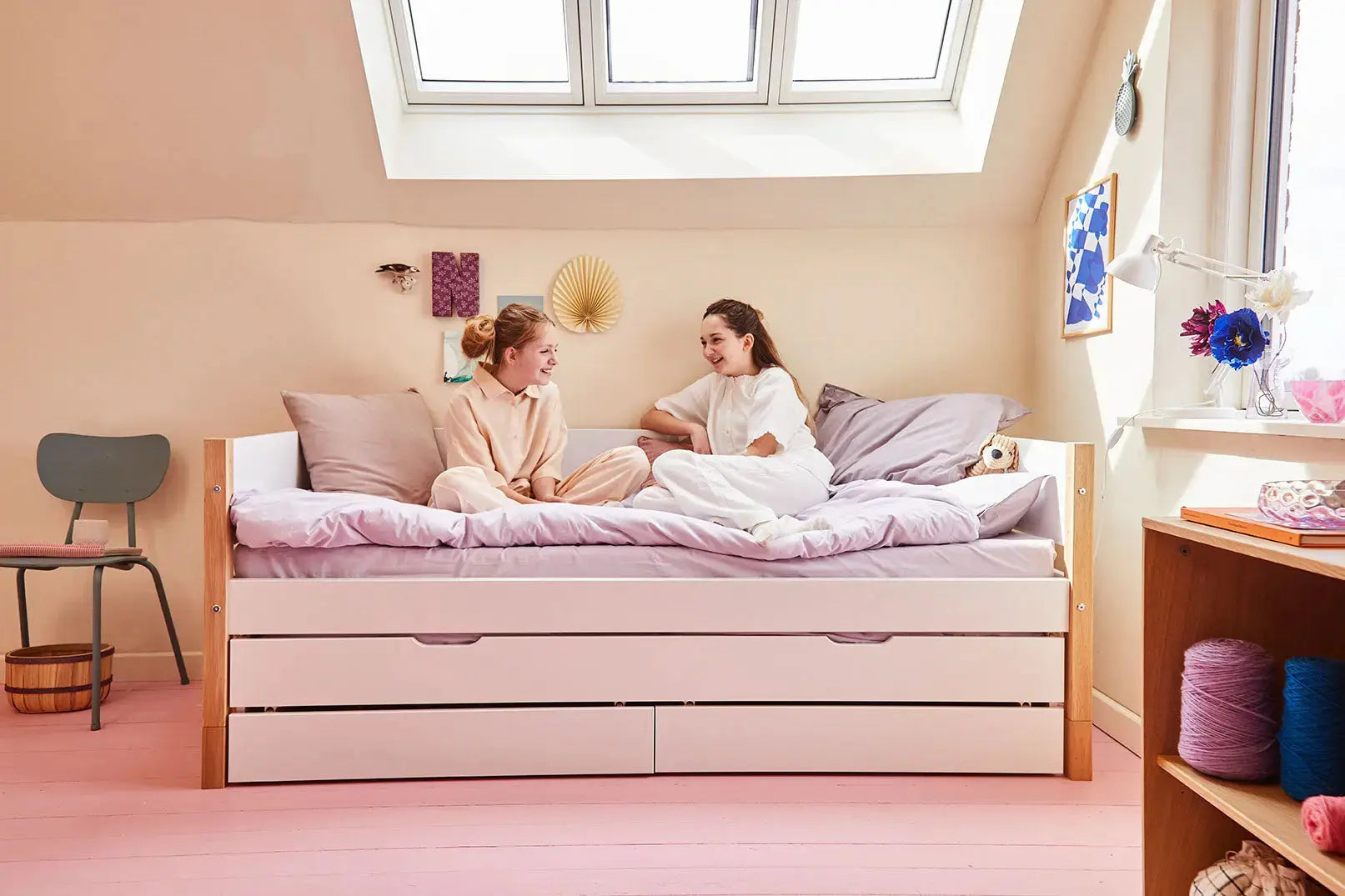 Single Bed with Storage and Pull-out Bed, 90x200 cm, White/Oak SINGLE_BED 200 flexa-com.myshopify.com